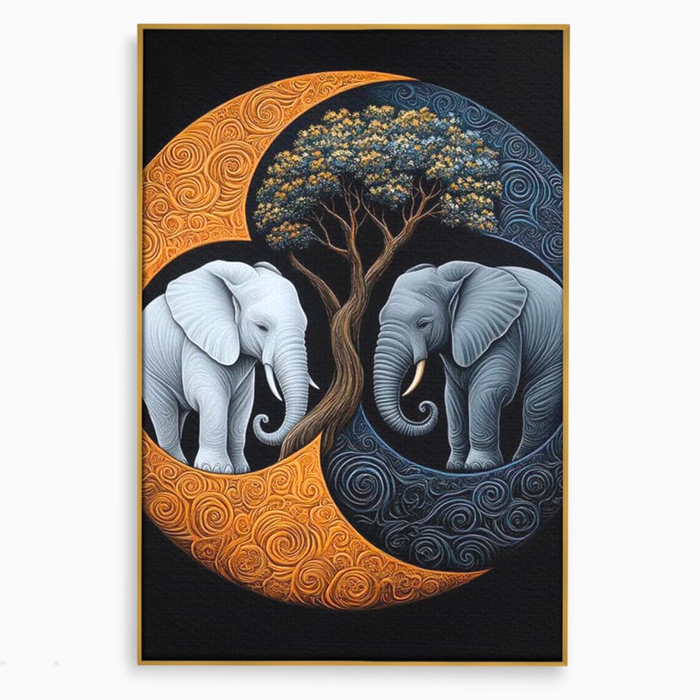 Tablou canvas cu tablou canvas cu elefanti si yin si yang, in rama de aluminiu auriu